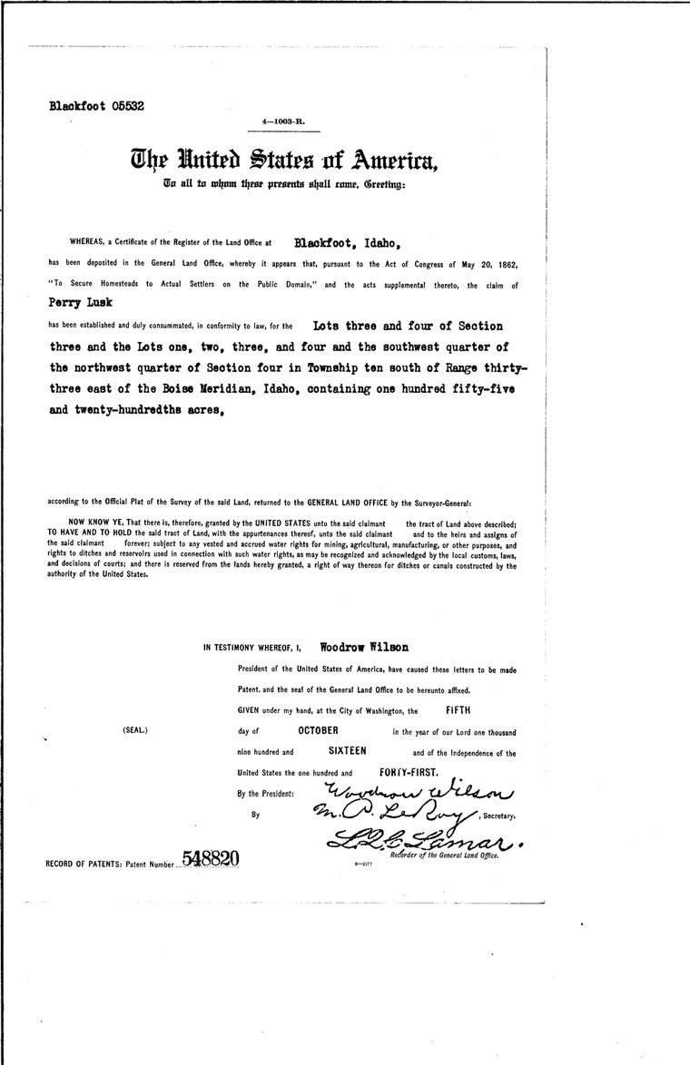 Homestead patent to Perry Lusk, 1916