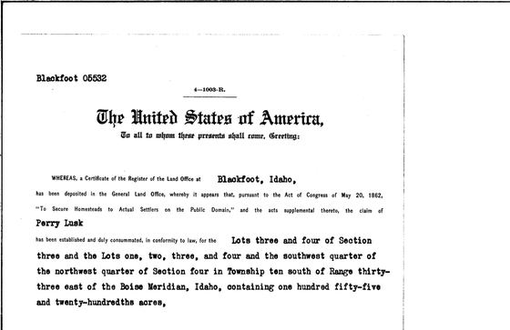 Homestead patent to Perry Lusk, 1916
