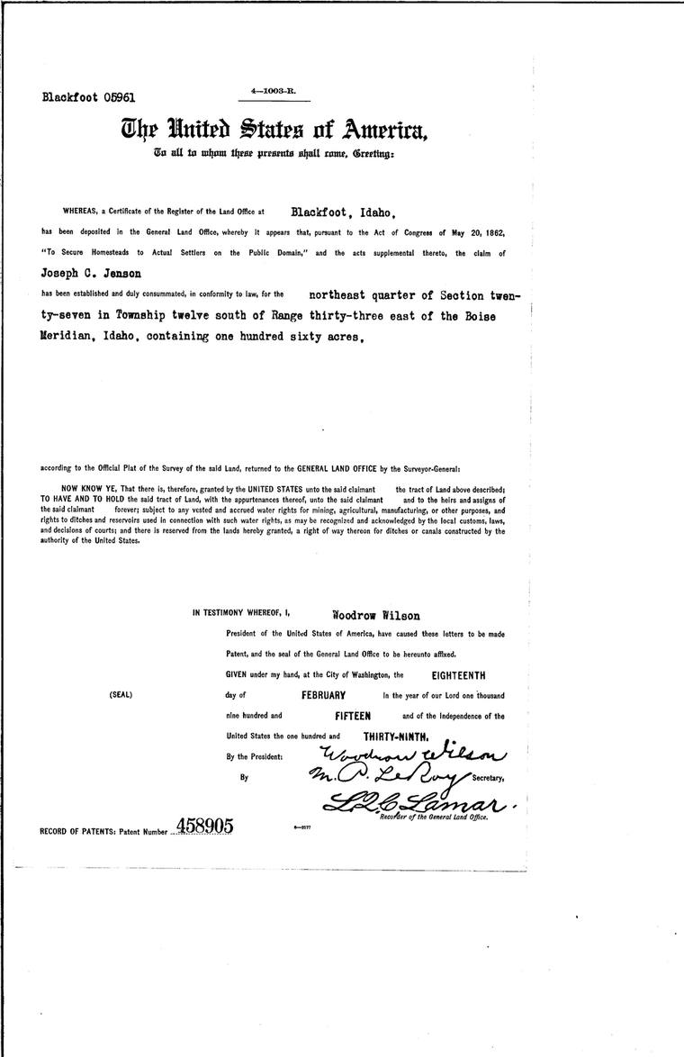 Homestead patent to Joseph C. Jenson, 1915