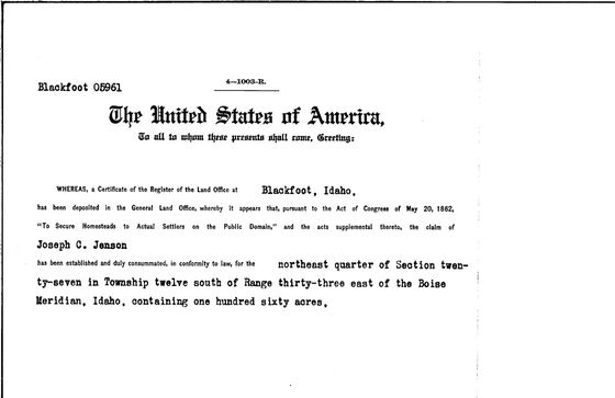 Homestead patent to Joseph C. Jenson, 1915