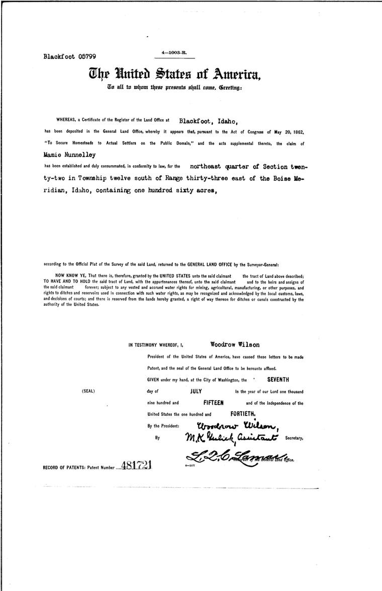 Homestead patent to Mamie Nunnelley, 1915