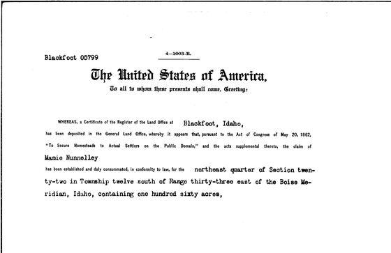 Homestead patent to Mamie Nunnelley, 1915
