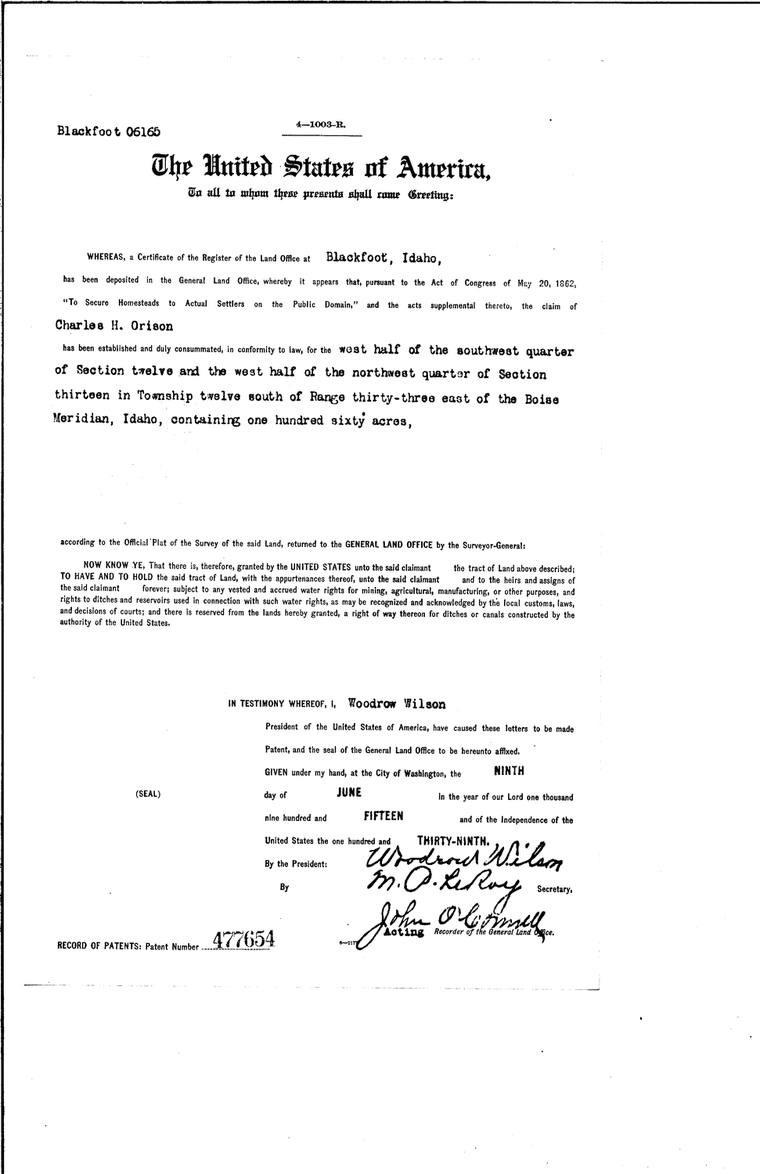 Homestead patent to Charles H. Orison, 1915
