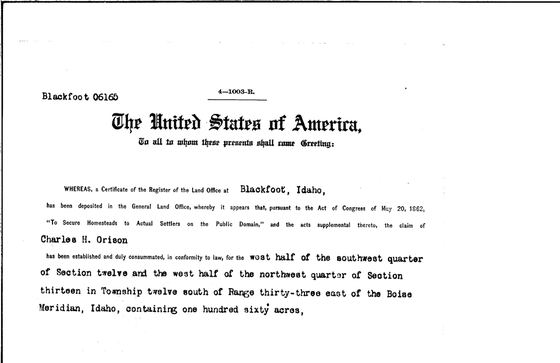 Homestead patent to Charles H. Orison, 1915