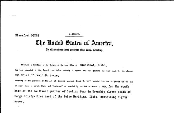 Desert Land Act patent to the heirs of David B. Evans, 1918