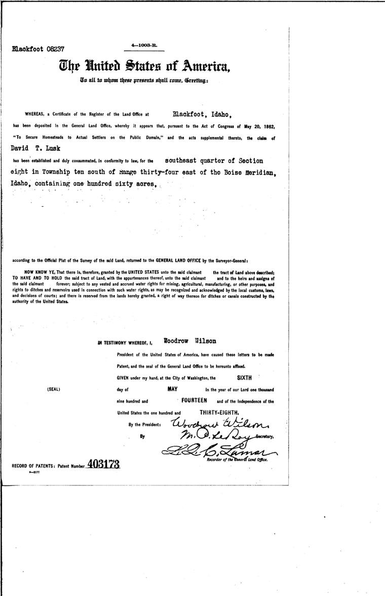Homestead patent to David T. Lusk, 1914