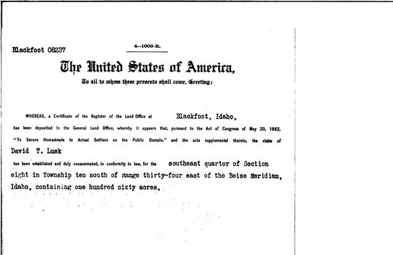 Homestead patent to David T. Lusk, 1914