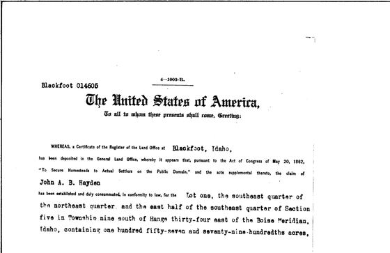 Homestead patent to John A. B. Hayden, 1919