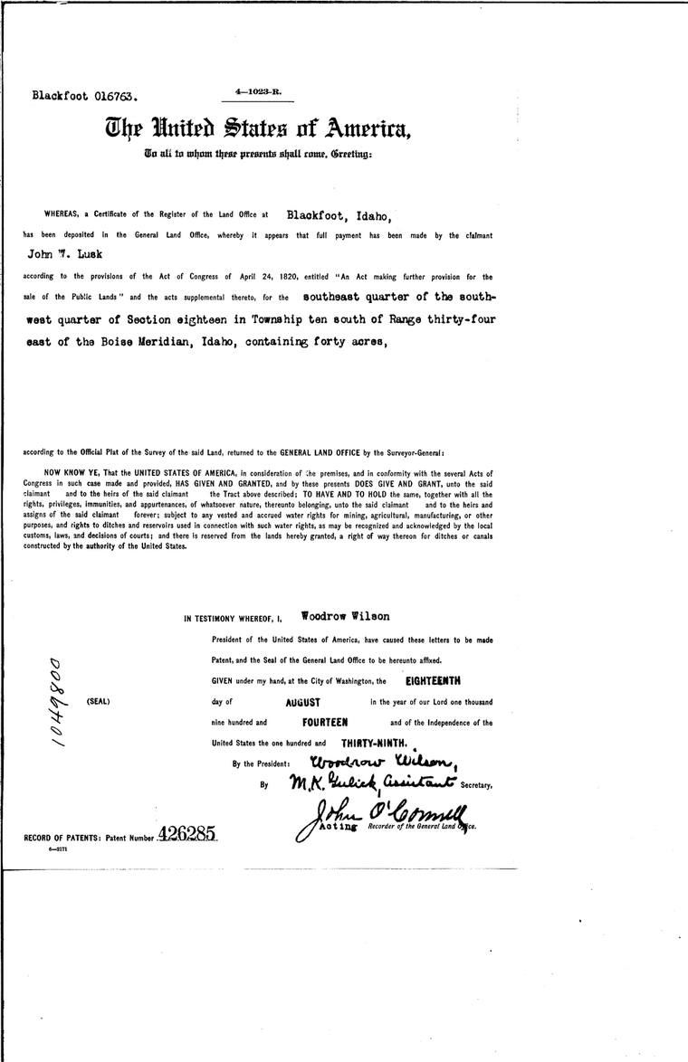 Cash-entry patent to John W. Lusk, 1914