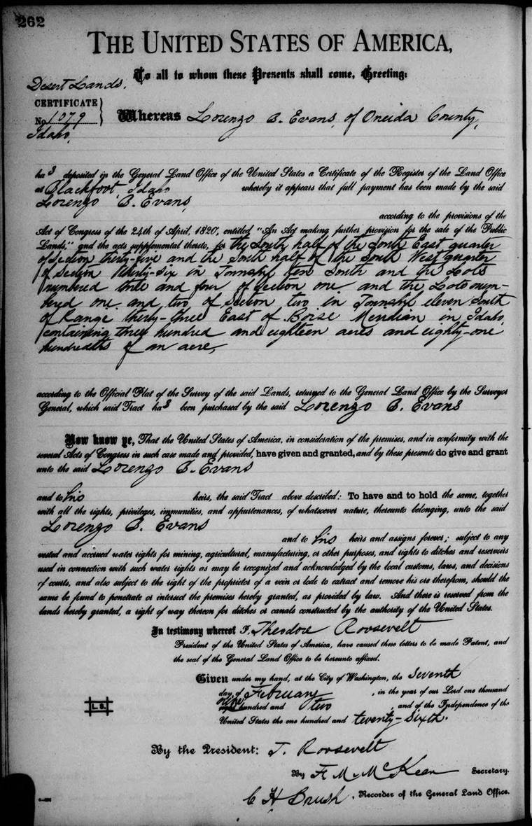 Desert Land Act patent to Lorenzo B. Evans, 1902
