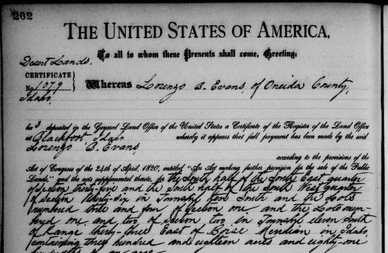 Desert Land Act patent to Lorenzo B. Evans, 1902