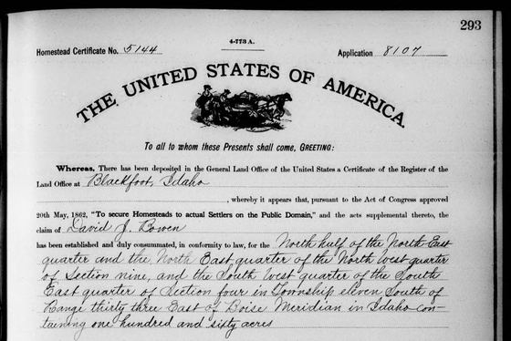 Homestead patent to David J. Bowen, 1907
