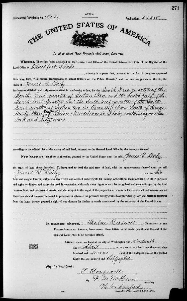 Homestead patent to James R. Bailey, 1907