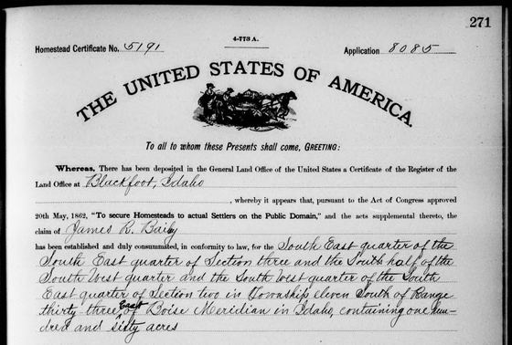 Homestead patent to James R. Bailey, 1907