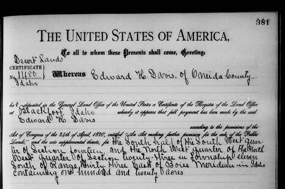 Desert Land Act patent to Edward H. Davis, 1907