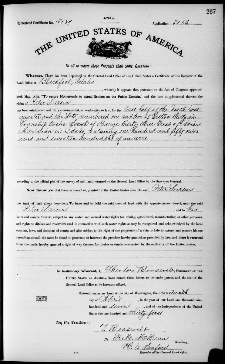 Homestead patent to Peter Larsen, 1907