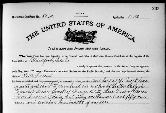 Homestead patent to Peter Larsen, 1907